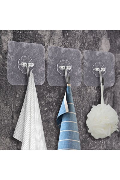 Go İthalat Super Strong Adhesive Waterproof Transparent Hanger Set of 5 Reusable Hooks (5273)