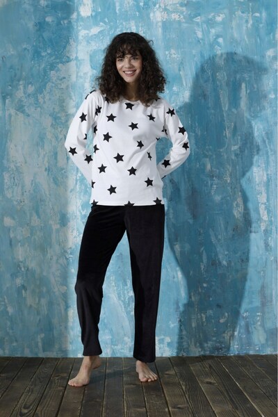 Mihra Set de pijamale de iarnă pentru femei, cu decolteu în formă de bicicletă, cu umăr dezactivat, din bumbac interlock, cu fund din catifea