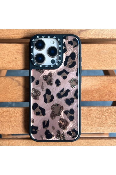 EDELFU iPhone 16 Pro Max Compatible Camera Surrounding Rhinestone Shiny Silicone Leopard Pattern Protective Phone Case