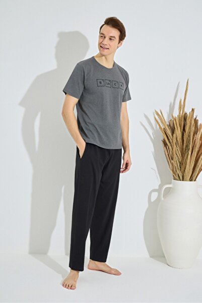 Pijaman Men's Printed Crew Neck Short Sleeve Round Neck Pocket Summer Cotton Pajama Set