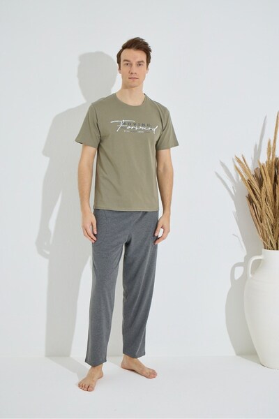 Pijaman Men's Printed Crew Neck Short Sleeve Round Neck Pocket Summer Cotton Pajama Set