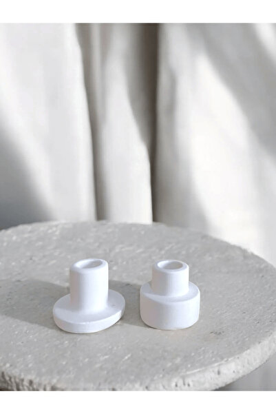 Porselian Dekoratif 2’li Minimalist Beton Beyaz Şamdan Tealight Mumluk Seti