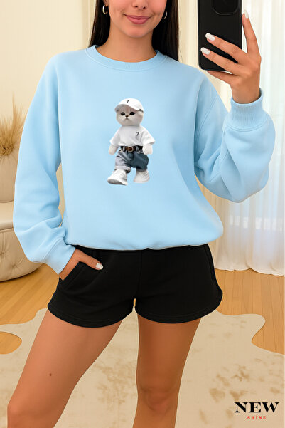 New Shine سويت شيرت برقبة دائرية مطبوع عليه قطة من كومبينلي