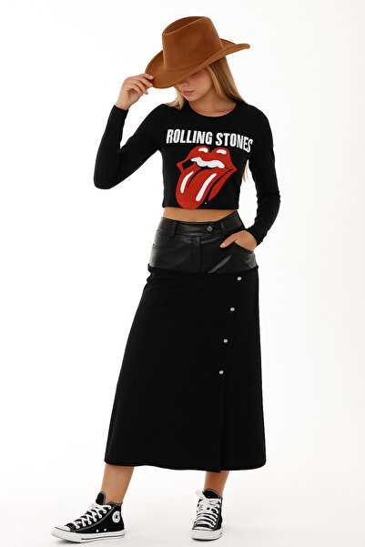 ibeeka Women's Clothing Design Leather Detailed Laser Cut Maxi / Long Skirt Side Staple Detail Black Color