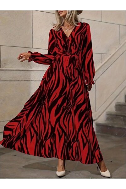 ARONA Equri̇ Women's Long Sleeve Double Breasted Collar Belted Zebra Pattern Single Jersey Maxi Dress