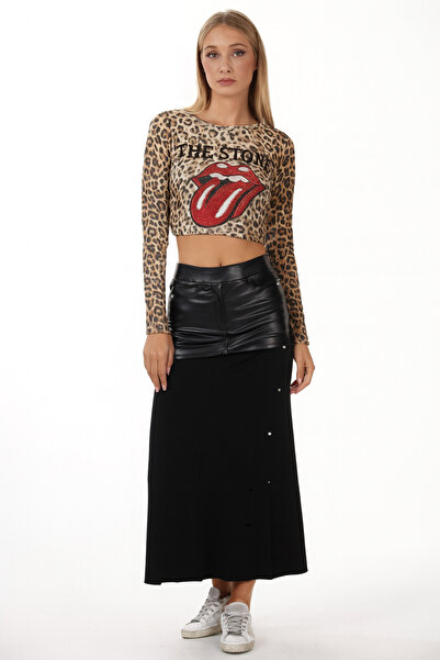 ibeeka Women's Clothing Design Leather Detailed Laser Cut Maxi / Long Skirt Side Staple Detail Black Color