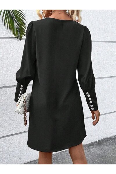 Masspera Kadın V Yaka Uzun Kollu Düğme Detaylı Mini İthal Krep Elbise