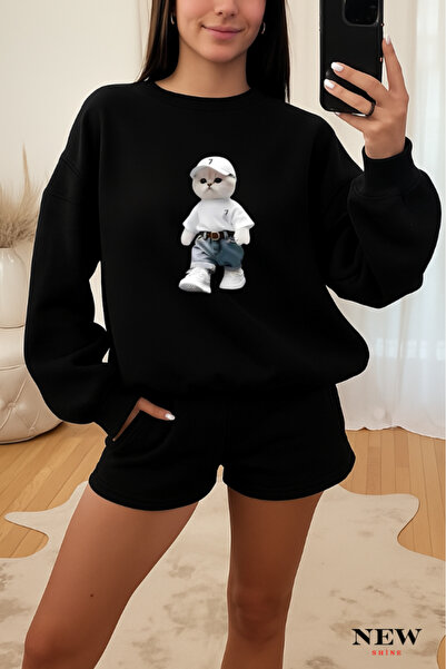 New Shine Combination Cat Printed Crew Neck Sweatshirt