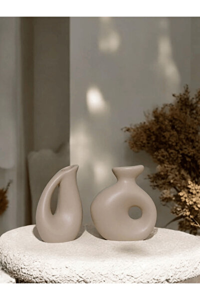 Porselian Delta ve Badem Beton Sütlü Kahverengi Vazo 2’li Set - Modern Ev Dek...