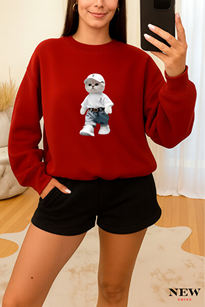 New Shine سويت شيرت برقبة دائرية مطبوع عليه قطة من كومبينلي