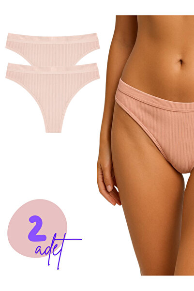 LİBELLA İÇ GİYİM Women's Beige-Pink Ribbed Brazilian Thong Cotton Lycra Panties 2-Piece Eco Pack