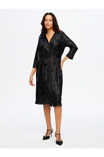 Faik Sönmez Payet İşli V Yaka 3/4 Kol Abiye Gömlek Elbise W26ABY009