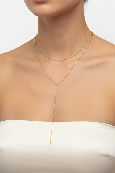 renery Kadın Tasarım 316l Çelik Uzun Zarif Şık Zincir Model Dekolte Trend Y Kolye Gold