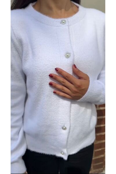 XORVİO Women's White Crew Neck Soft Textured Buttoned Bird Feather Softness Beard Model Standard Cardigan