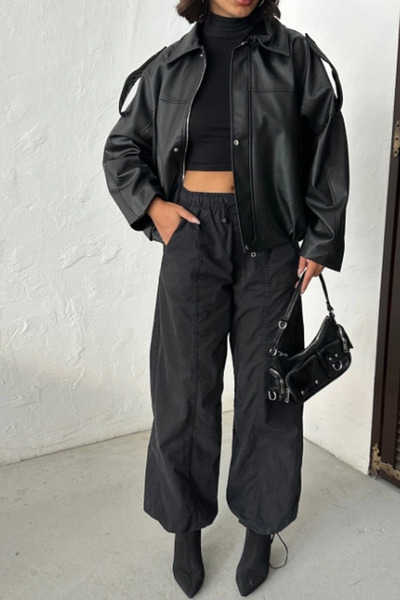 Jaglion Новий сезон Жіноча куртка-бомбер зі смужками, чорна шкіра