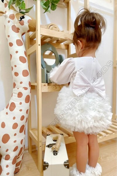penu baby kids Ecru Long Sleeve Cotton Lined Tutu Skirt with Bow Girl's Baby Girl Dress