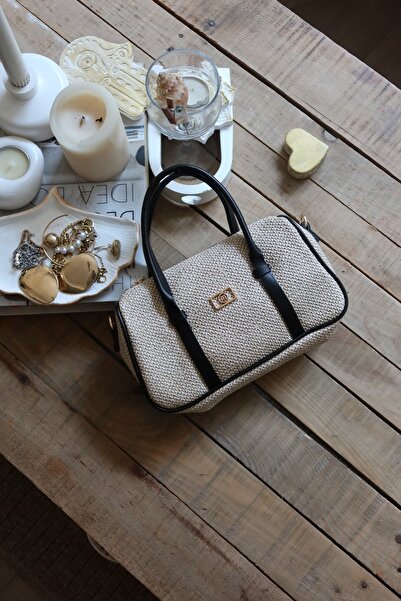 Moom Bag Women's Black Double Stripe Straw Textured Daily Hand Shoulder Bag