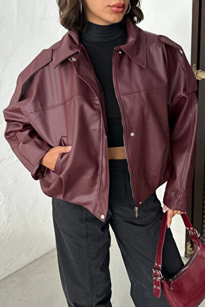 Jaglion Новий сезон Жіноча бомбер-куртка зі смужками, бордовий колір, шкіра