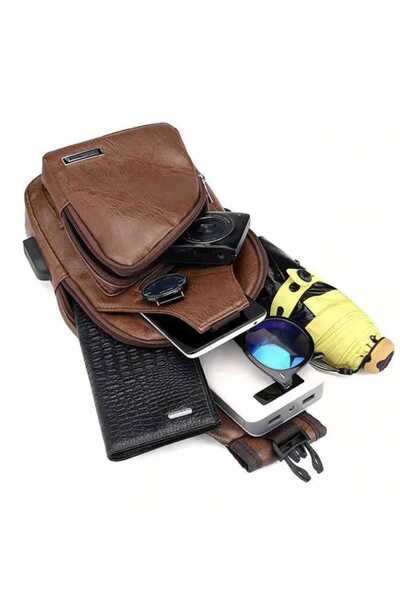 Fstyle Men's Hanging Bag, Leather Hanging Bag with USB Charging Port, Waterproof, Multi-Pocket