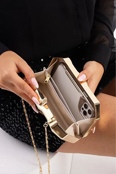H&D COLLECTİON Gold Metal Clutch Portfolio Evening Dress Bag