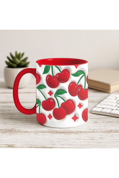 Solid Baskı Stüdyosu Porselen Kupa Bardak - Kiraz Figürlü Kulp ve İçi Kırmızı...