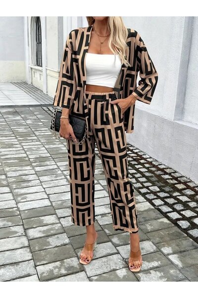 Butik Equri̇ Women's Long Sleeve Open Front Patterned Two Thread Jacket and Pants Two-Piece Set