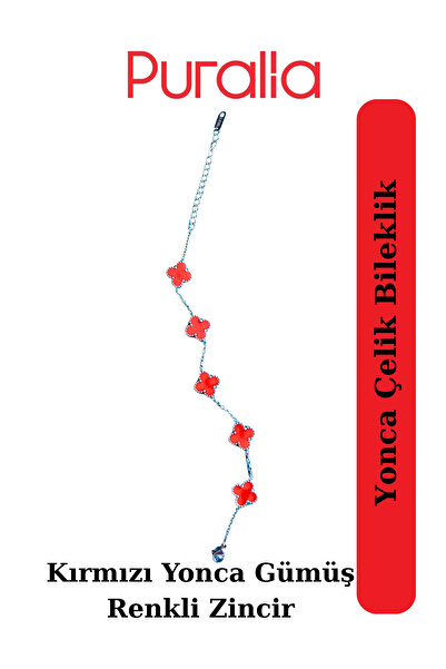 Puralia Clover Steel Bracelet - Red Clover - Silver Color Chain