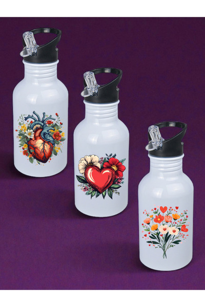 lili hediyelik Heart Printed 3-Piece 600 ml Flask - Water Flask, Drinking Bottle, Large Flask