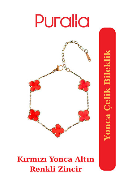 Puralia Clover Steel Bracelet - Red - Gold Color Chain