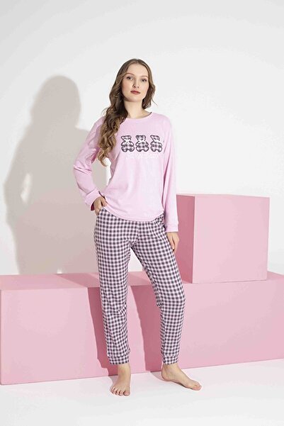 AYGEBU Tarık Дамски розов комплект пижами с мечешки мотив за майка и дъщеря, подходящ за зимата, топъл и мек