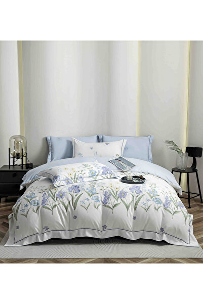 FIONNA.RO Lenjerie Din Bumbac Tip Finet PREMIUM Luxury Cu Elastic - Flori Bleu