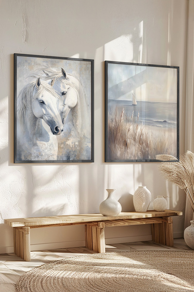 STARYUNA Oil Painting Effect Black Framed White Horse and Sea View Double Painting Set Yuna182
