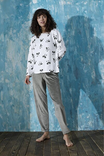 Mihra Kadın Bisiklet Yaka Oversize Düşük Omuz İnterlok Pamuklu Üst Kadife Alt Kışlık Pijama Eşofman Takım