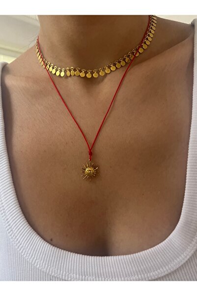 Hoop jewelery قلادة من الفولاذ بحبل أحمر ونجمة الشمس