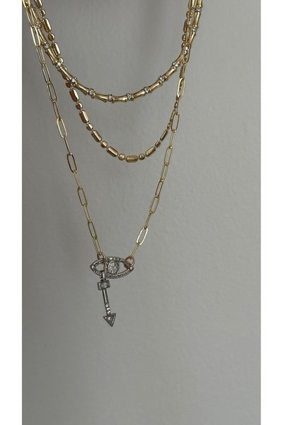 mibrillo Çelik üçlü kolye ( taşlı kemik kolye ezme kolye ve ataç zincirli öze...