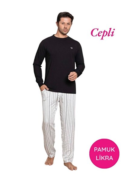 bie's Men's Buttonless Striped Jacquard Fabric Seasonal Long Sleeve Cuffed Long Sleeve Pajama Set with Pockets