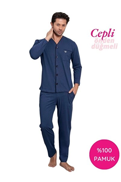 bie's Men's V-Neck Buttoned Chest Pocket 100% Cotton Long Sleeve Pajama Set with Pockets-Dede Hospital Pajamas
