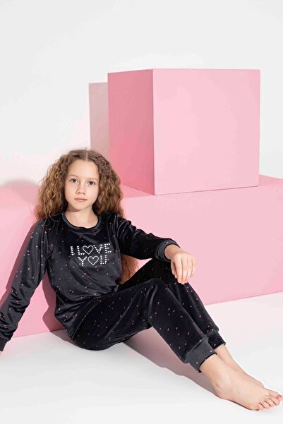 Tarık Girl Teenager and Children Heart Pattern Long Sleeve French Velvet Fabric Winter Warm Pajamas Set