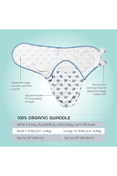 Moon Organic Swaddle Wraps - Blue Elephant Design, Cotton