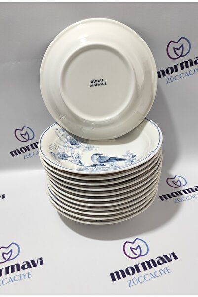 Güral Porcelain Bird 12 Pieces 17 cm Small Deep Plate (1 Piece Napoli Knife as a Gift)