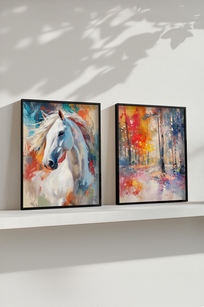 STARYUNA Oil Painting Effect White Horse Autumn Forest Double Black Framed Painting Set Yuna411