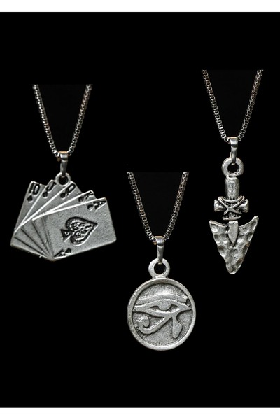 renery 3 lü Set Antik Gümüş Kaplama Erkek Tarz Pubg İskambil Hançer Göz Kolye