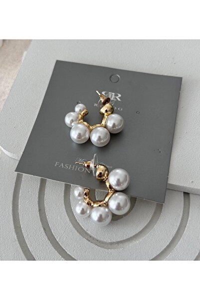 julee.co İncili Görünümlü Yuvarlak Gold Küpe(3x2,5cm)