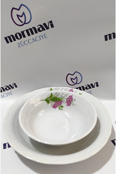 Porland Porcelain Lal 12 Pieces 6 Plates 6 Bowls Plate Set (1 Napoli Knife as a Gift)