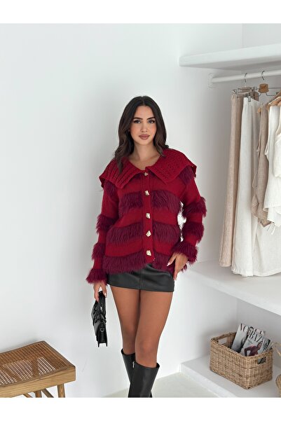 Brantu Wide Collar Buttoned Women's Plush Knitwear Cardigan