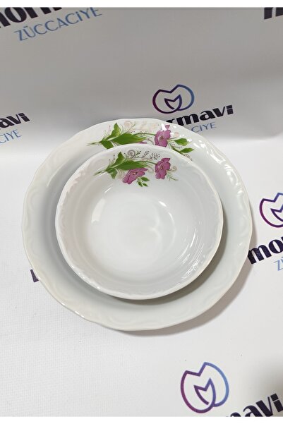 Porland Porcelain Lal 12 Pieces 6 Plates 6 Bowls Plate Set (1 Napoli Knife as a Gift)