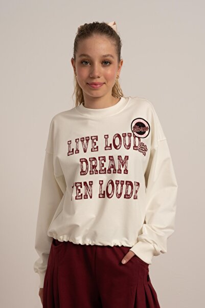 LOCO 09-15 Years Old Girl's 2-Ply Text Printed Sweat - Ecru-Bordo