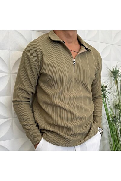 WENMİNG Men's Half Zipper Reported Ottoman Fabric Knitwear Khaki