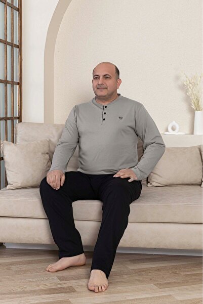 bie's Erkek Gri Büyük Beden 3 Düğmeli %100 Pamuk Mevsimlik Uzun Kol Cepli Pijama Takımı