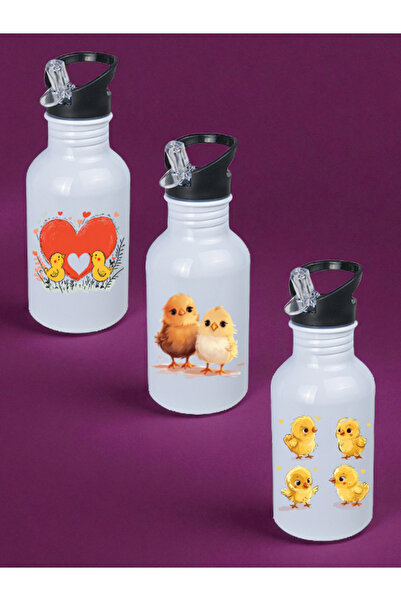 lili hediyelik Chicks Printed 3-Piece 600 ml Water Bottle - Water Bottle for Girls, Water Bottle for Boys, Large Water Bottle